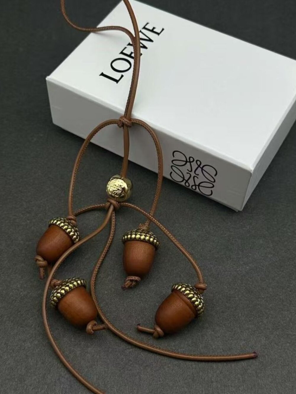 LOEWE Brown Leather Acorn Bag Charm Anagram Gold Bead Handbag Ornament